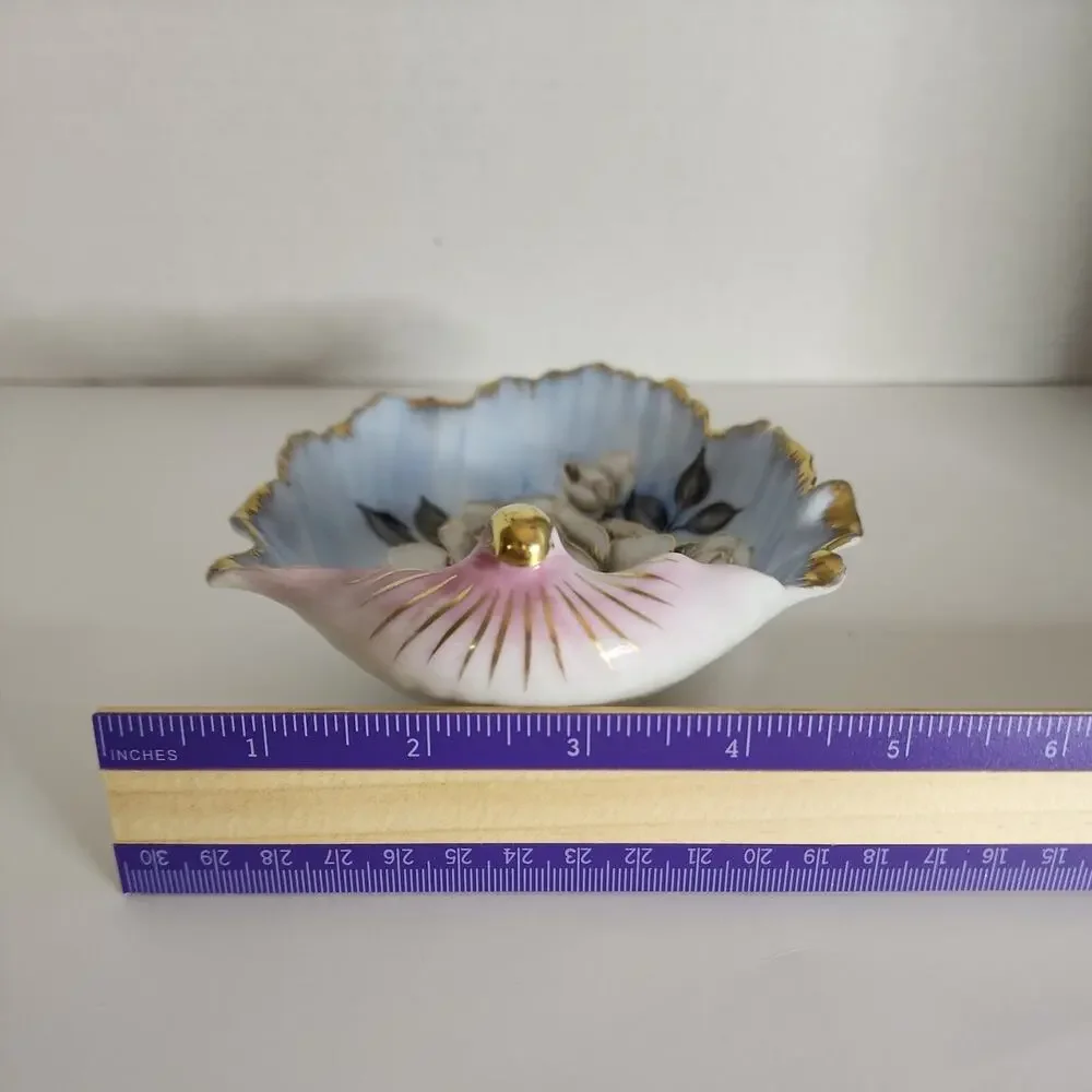 Vtg Chubu China Hand Painted Shell Shaped Trinket Dish Rose Pale Blue, Pink